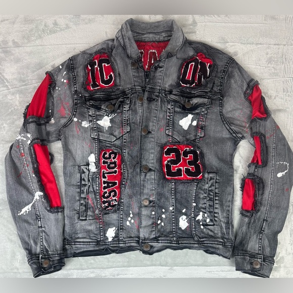 Copper Rivet Icon Denim Distressed Jean Jacket Mens L Red Black Trucker Y2K 90s - Picture 1 of 11